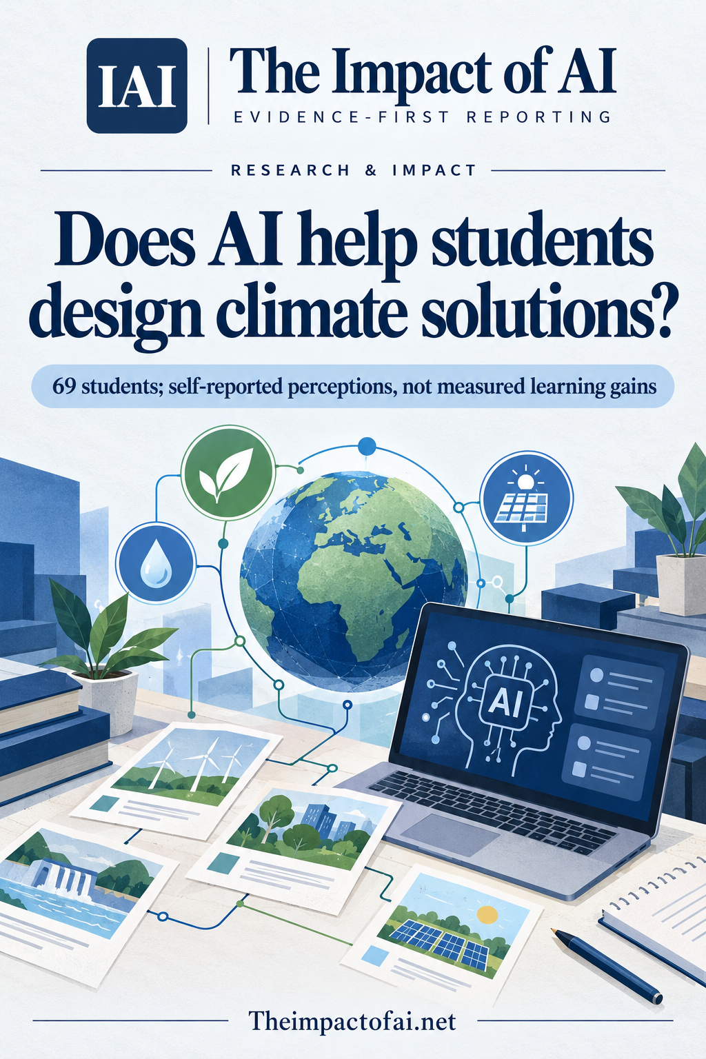 The Impact of AI research cover asking whether AI helps students design climate solutions, illustrated with a globe, renewable-energy project cards and an AI-assisted study desk.