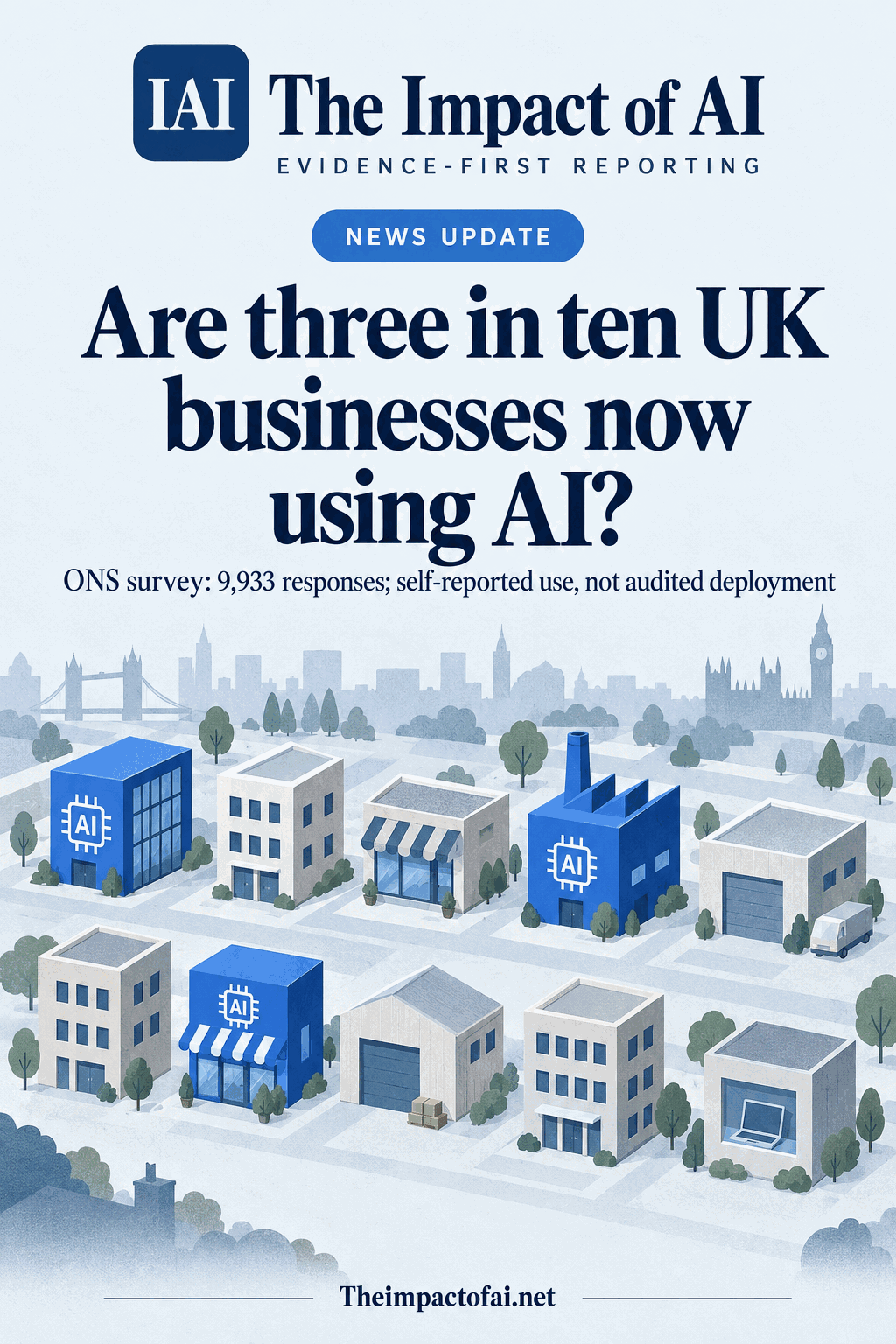 The Impact of AI news cover asking whether three in ten UK businesses now use AI, with ten conceptual business buildings, three highlighted in blue, and the qualification that the ONS figure is based on 9,933 self-reported survey responses.