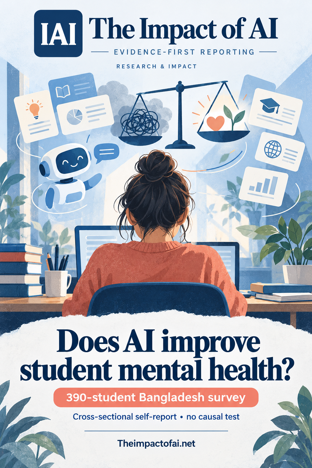 The Impact of AI research cover asking whether AI improves student mental health, with a conceptual student, learning prompts and a cognitive-load balance; it notes a 390-student Bangladesh survey and no causal test.