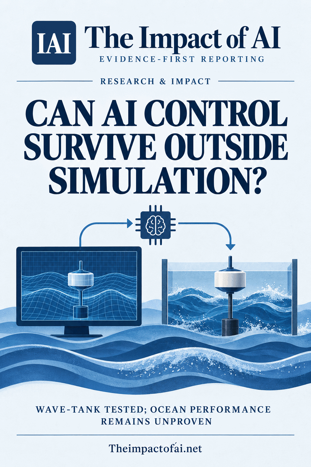 The Impact of AI research cover asking whether AI control can survive outside simulation, with a conceptual buoy, simulated waves and a physical wave tank.