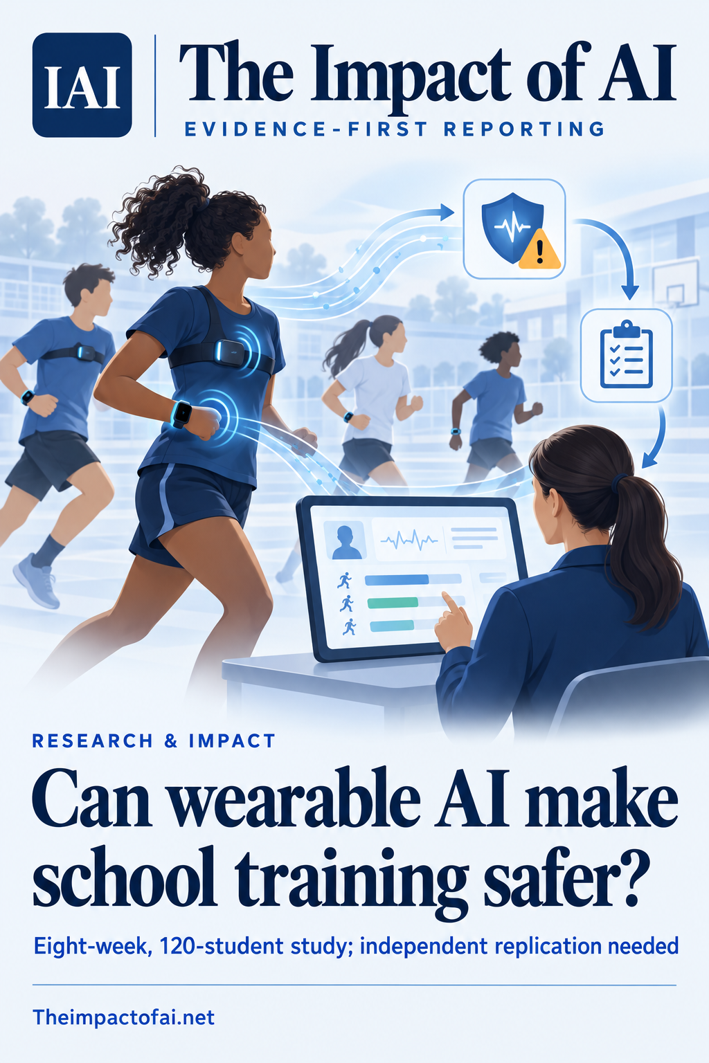 The Impact of AI cover showing conceptual students wearing activity sensors while a teacher reviews a safety-aware training plan, with the eight-week 120-student evidence limit stated below.